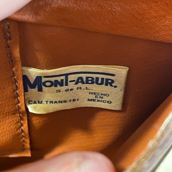 Vintage 70's Aztec Mont-Abur Tooled Leather Cow Hide Brown Handbag from Mexico - Picture 10 of 16